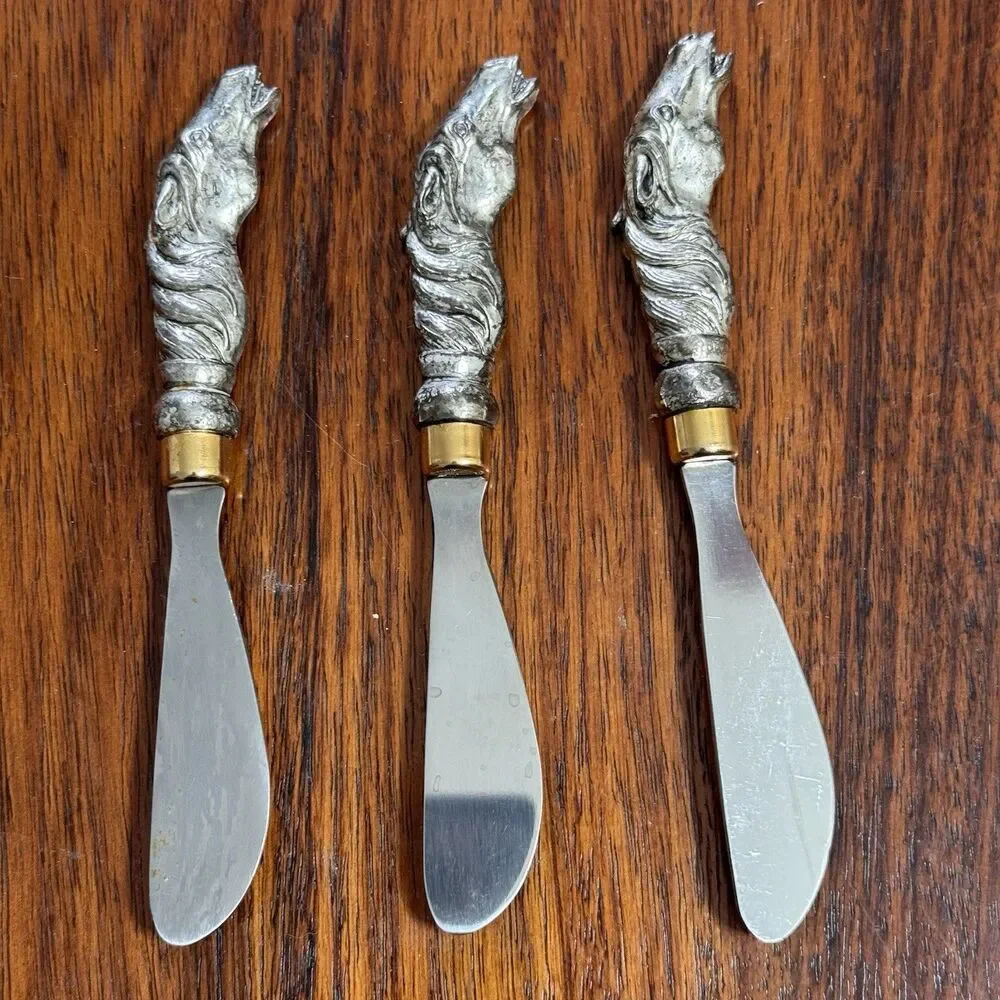 Vintage ARTHUR COURT Butter Knives (3) Pewter Horse Head Cheese Spreader Knives